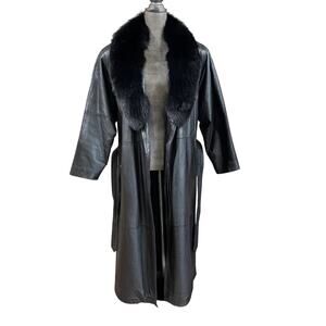 Vintage Excelled Black Leather Long Coat w/‎ Black Fox Tuxedo Trim, Size XL